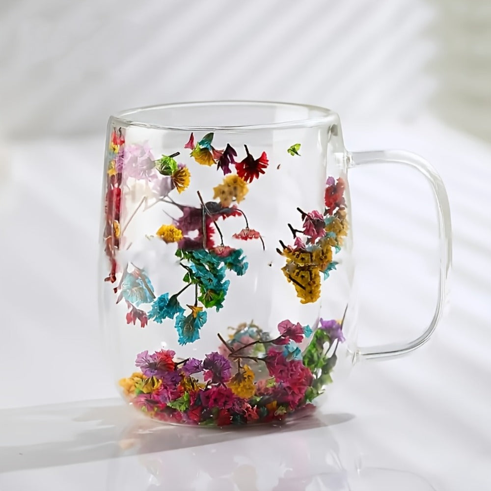 Double Wall Glass Coffee Cups with Handle Set of 4 – Borosilicate Thermal Mugs for Latte Cappuccino Tea | Dried Flower & Petal Design Transparent Drinkware for Office Home Gifts