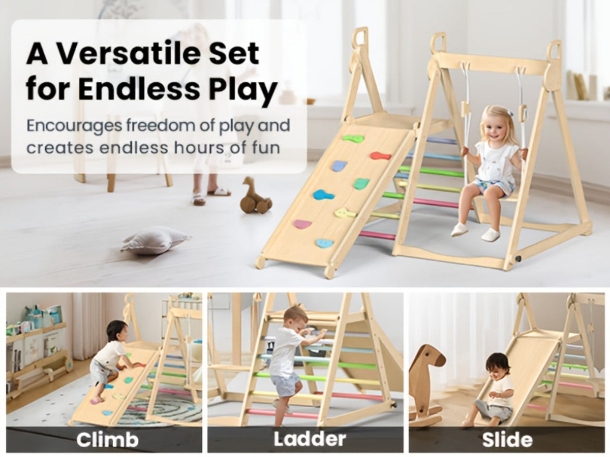 Foldable Indoor Wooden Jungle Gym for Toddlers – 4-in-1 Climbing Frame with Swing, Slide & Ladder | Ages 18M+ | Rainbow & Blue | Kids Indoor Playset for Cognitive Development & Active Play