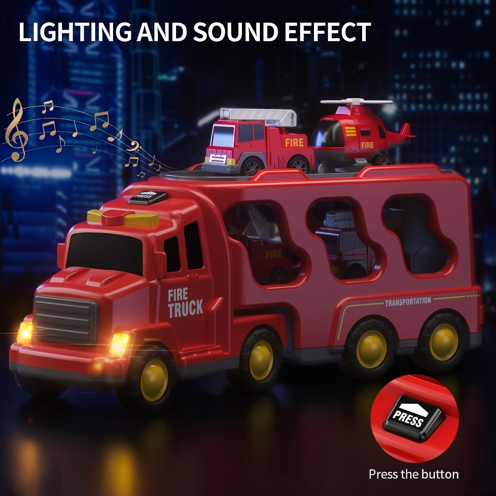 Fire Truck Rescue Playset, 5-in-1 Carrier with Interchangeable Vehicles