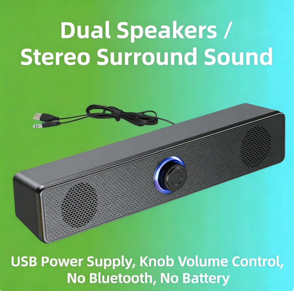 USB Wired Computer Soundbar Speaker for PC Desktop Laptop Monitor, Stereo Surround Sound Bar with Knob Volume Control, Plug & Play, No Battery Required, Slim Design for Home Office Gaming