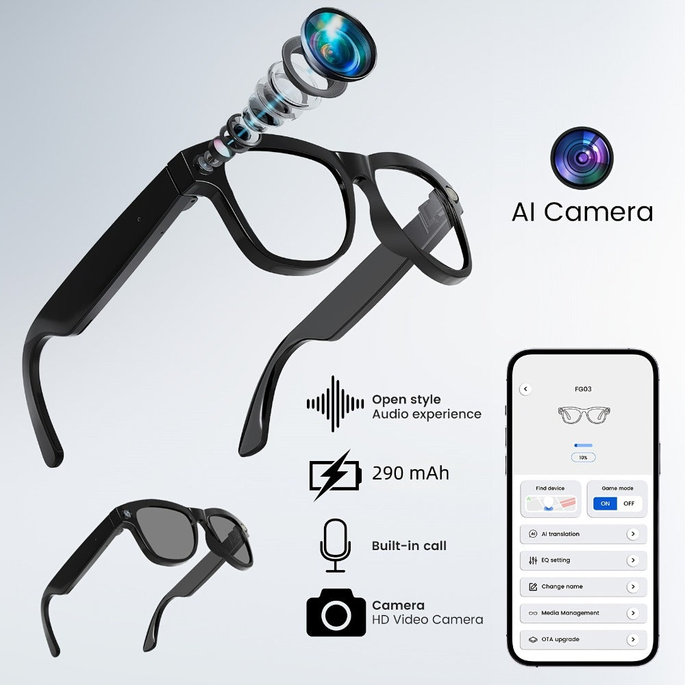 Smart Glasses with Camera 200MP Dual Lens AI POV Recording – Hi-Fi Open-Ear Audio | Touch & Voice Control | Ultra-Long Battery | Cycling Sports Outdoor Photography | Transparent & Black Lenses | Tech Gift