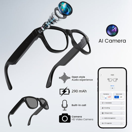 Smart Glasses with Camera 200MP Dual Lens AI POV Recording – Hi-Fi Open-Ear Audio | Touch & Voice Control | Ultra-Long Battery | Cycling Sports Outdoor Photography | Transparent & Black Lenses | Tech Gift