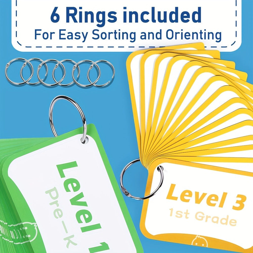 Sight Words Flash Cards 350 Dolch & Fry High Frequency Words – 5 Color-Coded Levels Pre-K to 3rd Grade, Laminated Double-Sided Reading Flashcards with Rings, Homeschool Classroom Gift for Kids Ages 3-9
