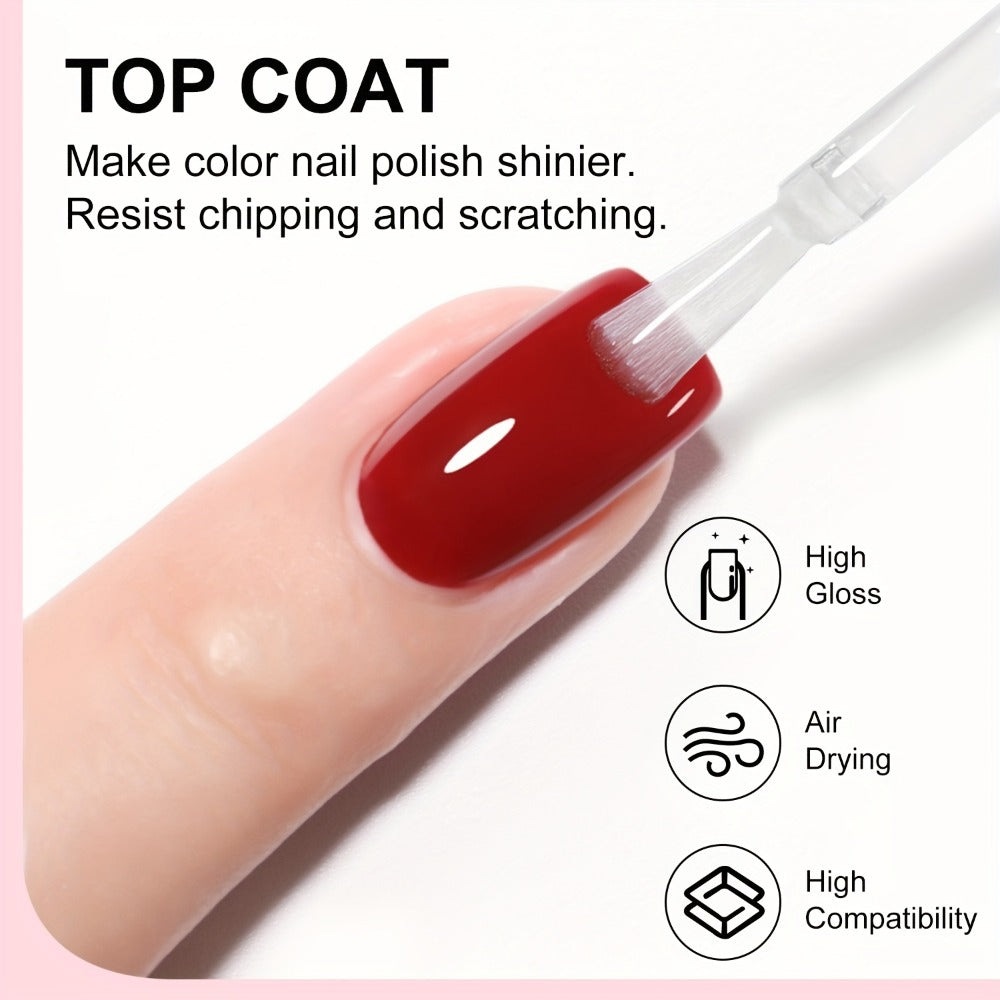 Nail Base Coat and Top Coat Kit — High Gloss Long-Lasting Air Dry Non-Gel Nail Care Set with Nutrient Oil & Drying Agent, Professional Home Manicure Treatment Essentials for Women (15ml / 0.5oz Each)