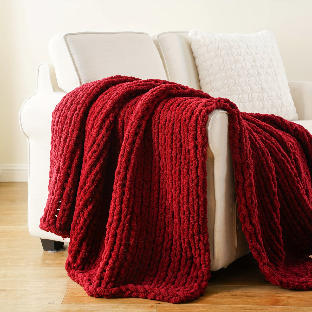 Chunky Chenille Cable Knit Throw Blanket – 350-400gsm Soft Warm Crochet Throw for Sofa, Bed & Couch, Vintage Patchwork, 14 Colors