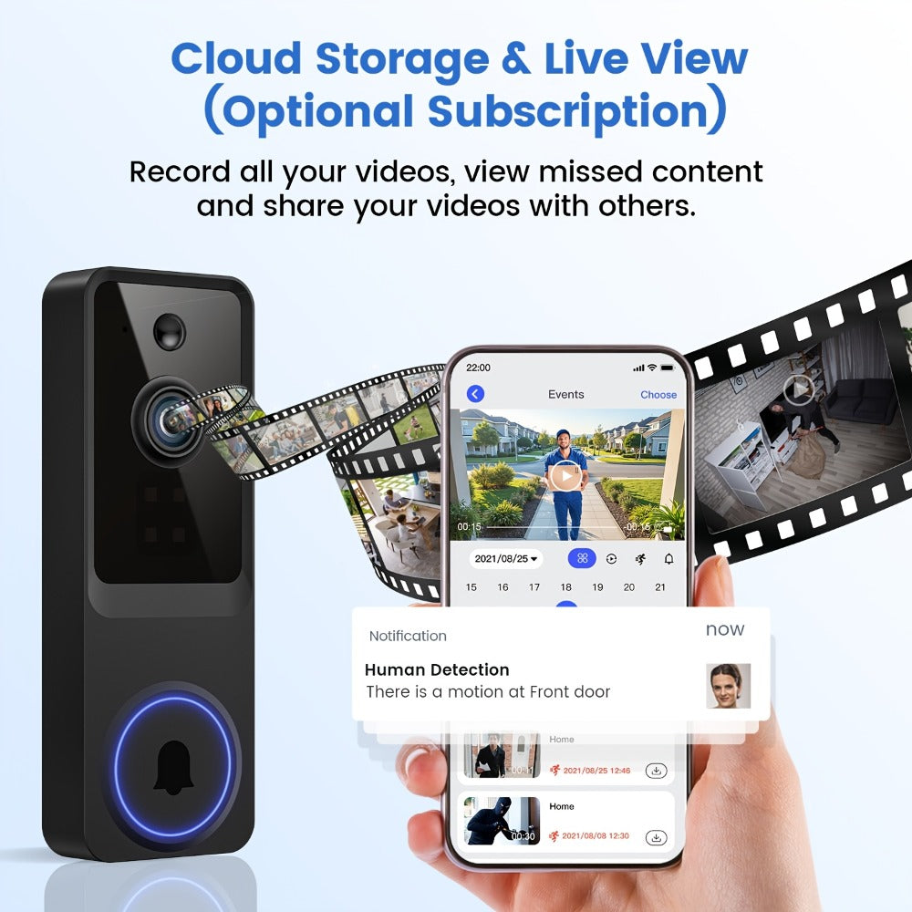166° Ultra Wide Angle Smart Doorbell Camera 2K HD Wireless WiFi – AI Human Detection, Two-Way Audio, Night Vision, Cloud Storage, Rechargeable Battery, 2.4GHz, Black Linen Purple