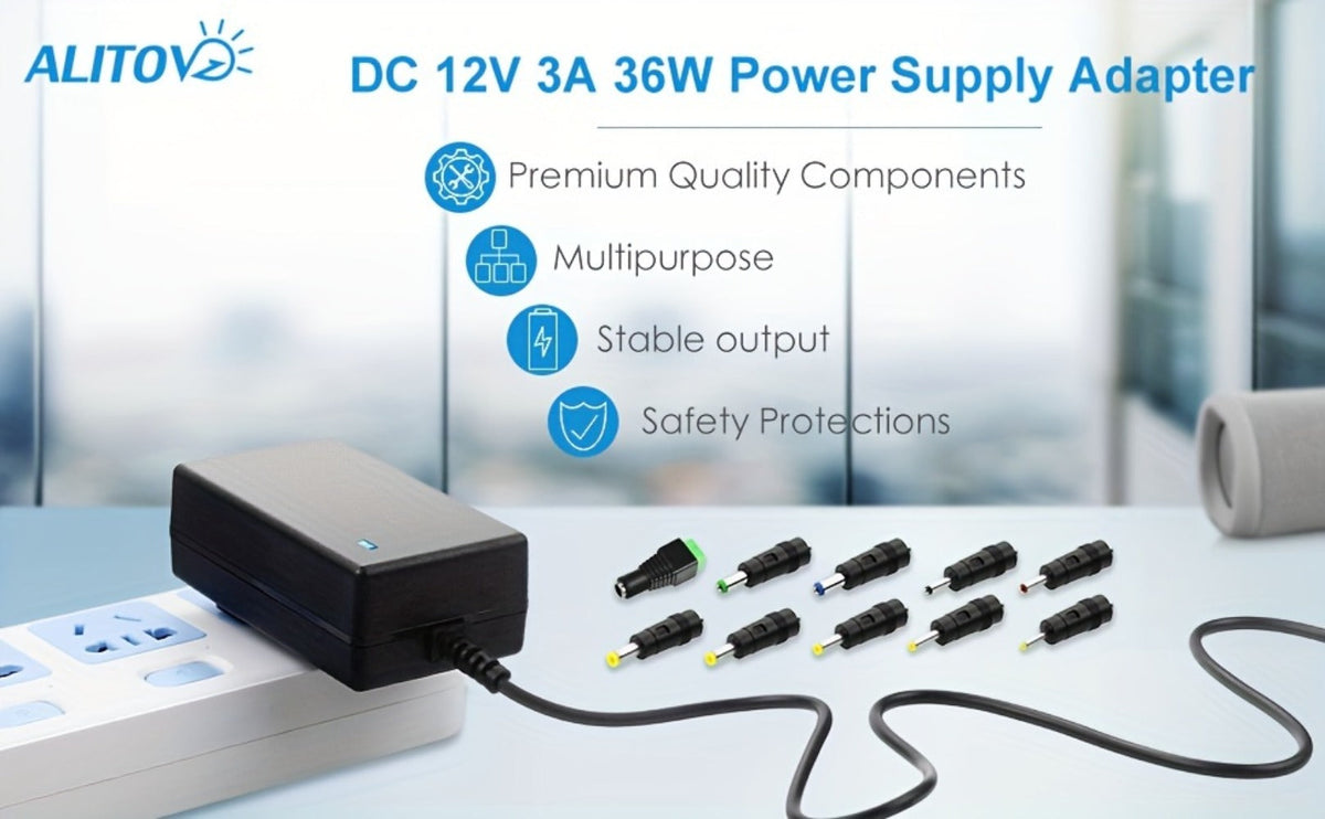 12V 3A DC Power Adapter 36W with 10 Interchangeable Tips - Universal AC 100-240V Input, Short Circuit & Overvoltage Protection, Stable Output for CCTV Camera, LED Strip, Router, TV Box & More
