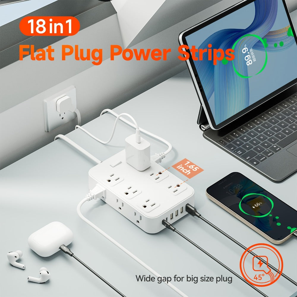 Wide Outlet Surge Protector Power Strip 18-in-1 with 12 Widely Spaced AC Outlets 4 USB-A 2 USB-C Ports Safe Portable Desktop Charging Station for Home Dorm Office Travel Essentials – Black & White