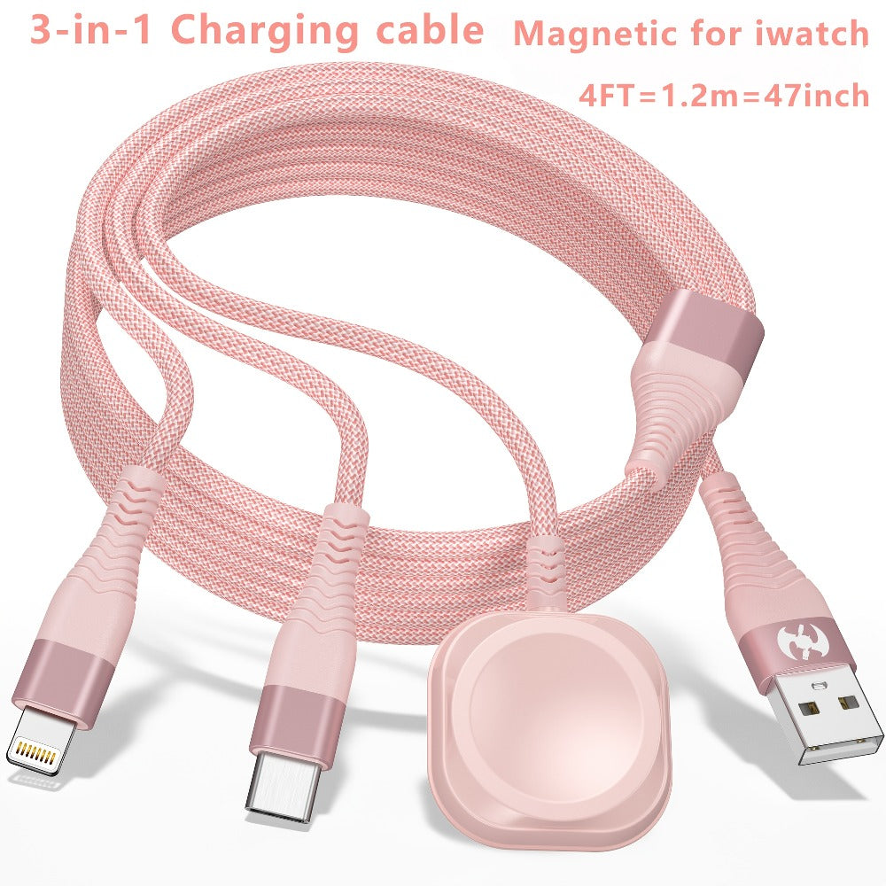 Nylon Braided 3-in-1 Magnetic Charging Cable 1.2M – iWatch Wireless Charger + Lightning Fast Charge + USB-C for iPhone 8–16 Android Samsung – Apple Watch Series 1–10 SE Ultra Nike+ Pink