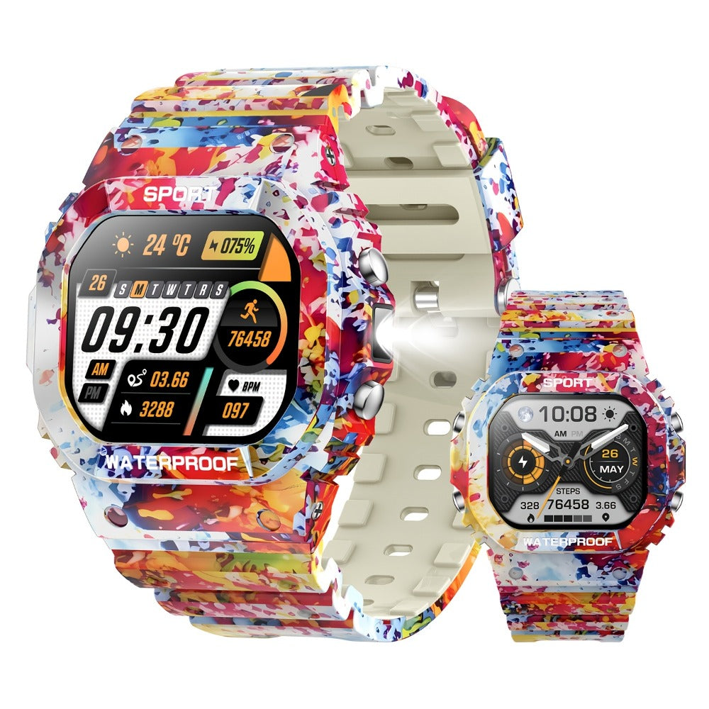 Tactical Smartwatch for Men, LED Flashlight & SOS Emergency, 1.32" TFT Screen, Bluetooth Calling, 100+ Sport Modes, Heart Rate SpO2 Sleep Tracker, Camouflage & Matte Colors – iPhone & Android Compatible