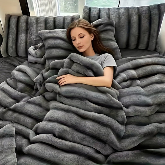 Faux Rabbit Fleece Blanket, Reversible Double-Layer in 3 Colors and 5 Sizes