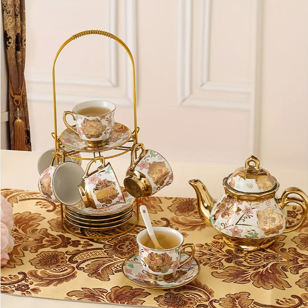 Floral Ceramic Tea Set 20 Pcs – European Porcelain Tea Cups & Saucers with Metal Holder & 15 Oz Teapot – Luxury Arabic Coffee Cup Set for Espresso, Cappuccino & Afternoon Tea – Elegant Gift