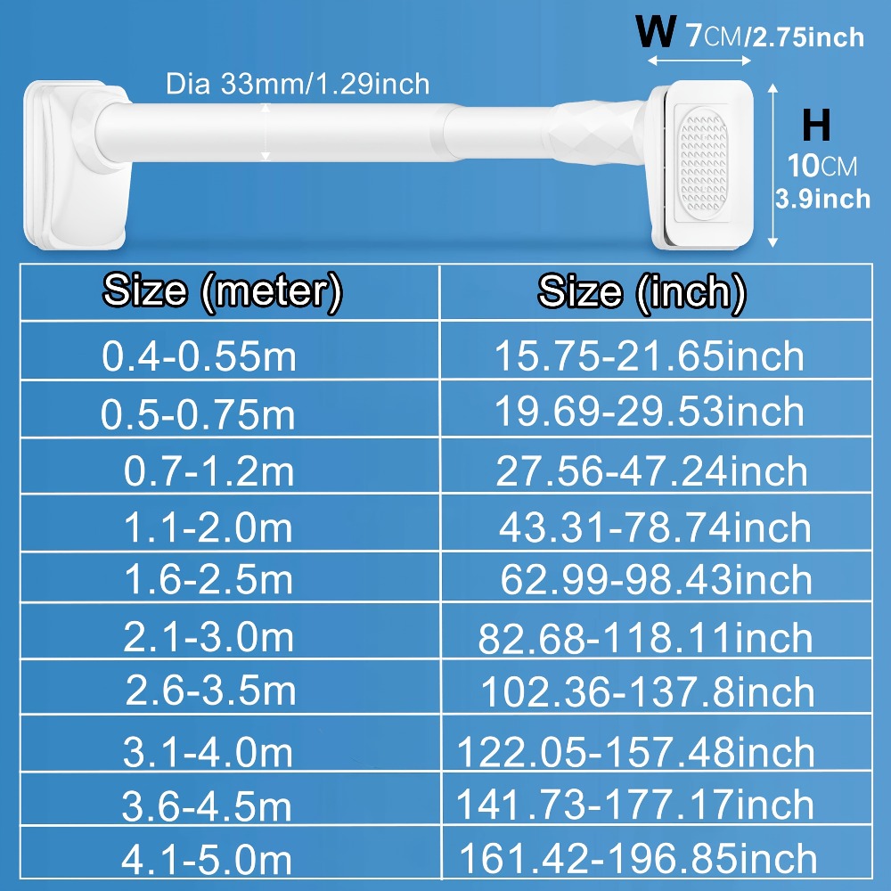 Telescopic Curtain Rod No Drill 15.75"-196.85" Adjustable Shower Curtain Rod 33mm for Large Windows