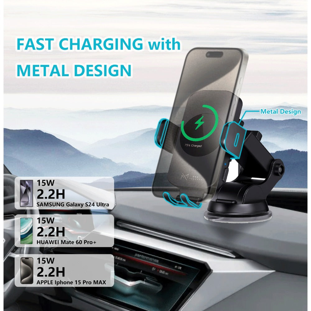 Auto-Clamping Car Wireless Charger 15W Blue Gold Stylish Vent Clip Phone Mount 360° Rotation for iPhone 16 15 14 13 12 11 Pro Max, Samsung Galaxy S24 S23 S22 S21, All Qi Devices – Blue & Gold