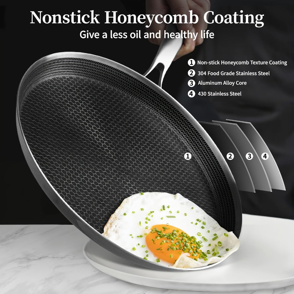 Stainless Steel Crepe Pan 11 Inch Dual Honeycomb Non-Stick PFOA-Free with Lid – Triply Steel Pancake Griddle for Tortillas | Induction Gas Electric Ceramic Compatible Home Camping BBQ Cookware