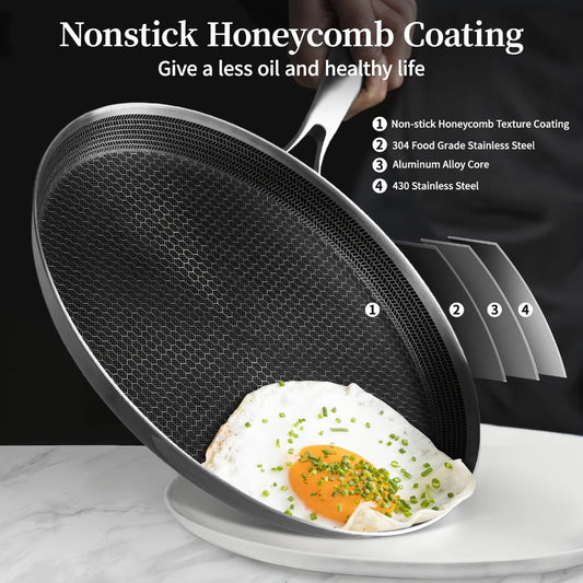 Stainless Steel Crepe Pan with Dual Honeycomb Surface and Lid, 11-Inch Triply Construction