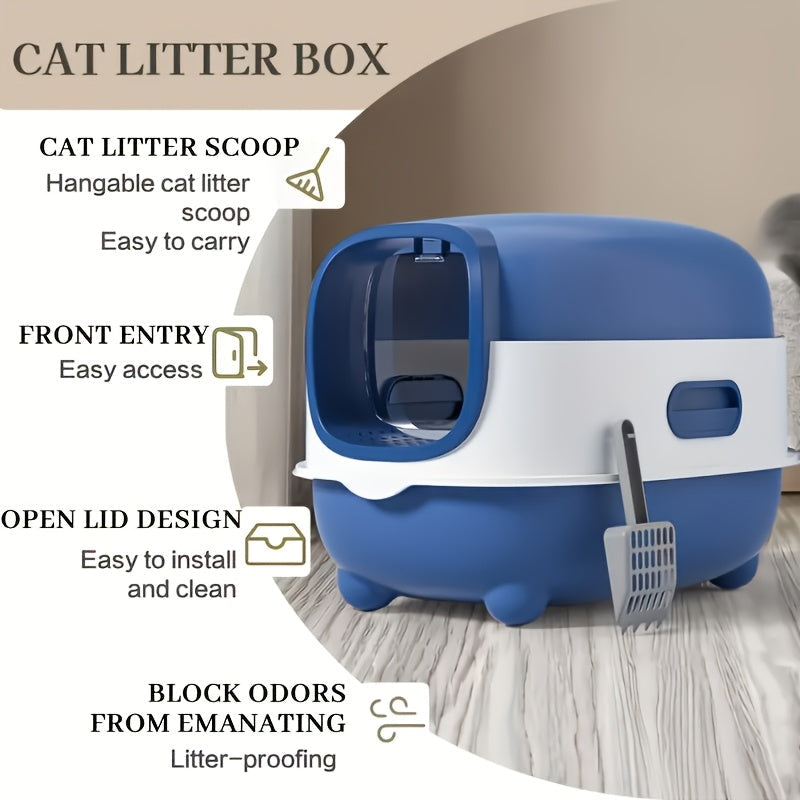 Covered Cat Litter Box with Scoop – Fully Enclosed Hooded Design, Spill-Proof & Odor-Reducing | Easy to Clean, Assemble & Store | Spacious Interior for Small to Medium Cats | Blue, Gray or Purple