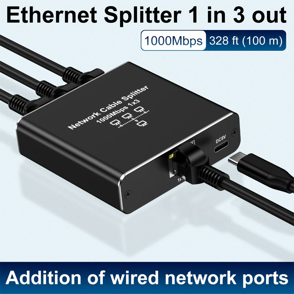 Gigabit Ethernet Splitter 1 to 3 – 1000Mbps PoE Network Splitter, 1 In 3 Out RJ45 Adapter for PC, Laptop, Router, TV, Starlink | Cat5/5e/6/7/8 Compatible, USB Powered, No Config Needed