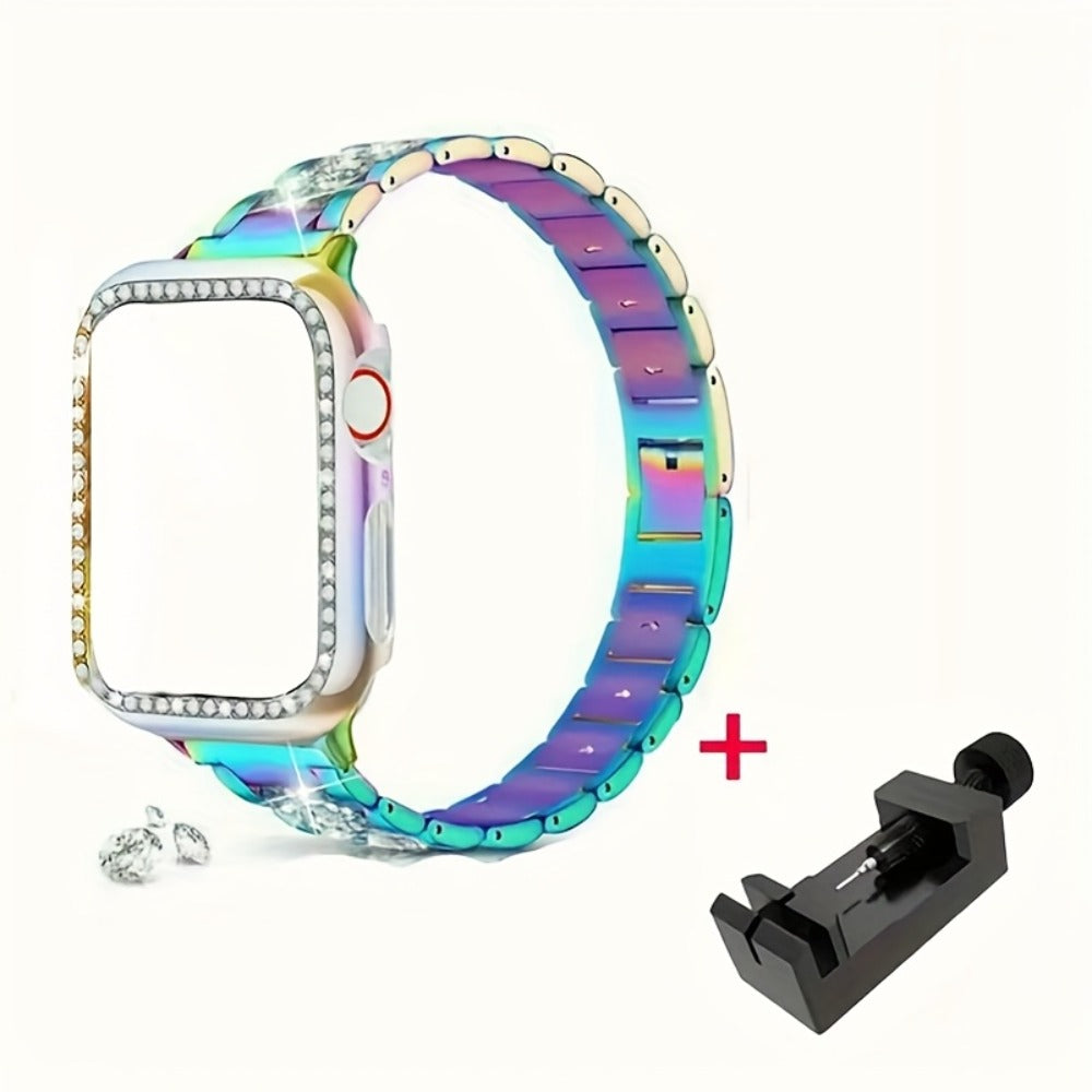 Diamond Apple Watch Case & Strap Set – Starry Sky Full Diamond Bezel + Double Row Diamond Band Compatible with Apple Watch Series 1–10 SE Ultra Ultra 2 38 40 41 42 44 45 49mm – Pink Rose Gold Black Blue Silver