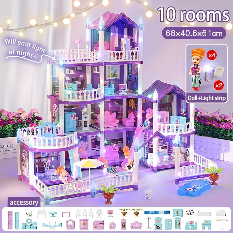 Purple LED Dollhouse Playset with 6 to 16 Room Options and Furniture