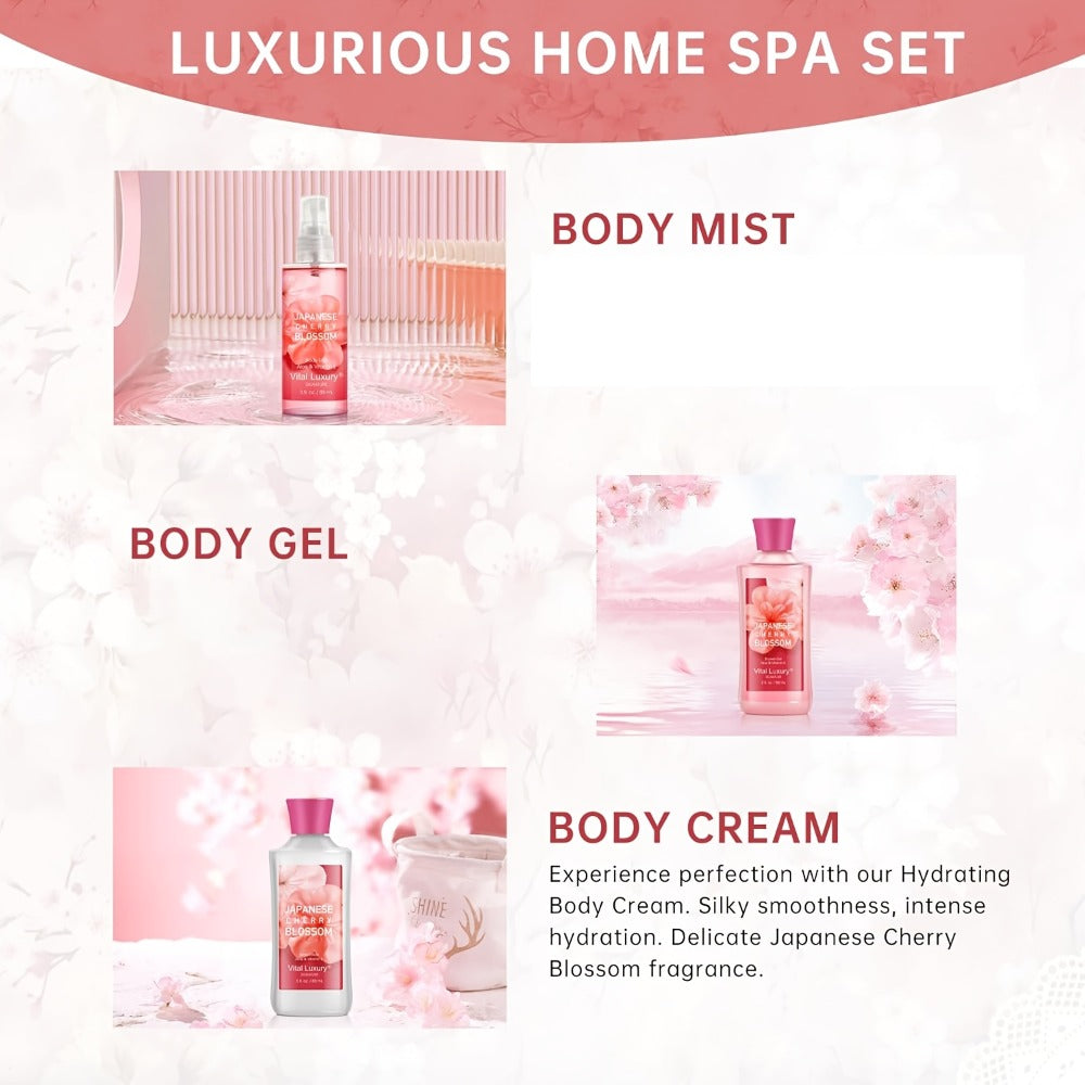 Bath Body Care Gift Set Shower Gel Body Lotion Body Mist Aloe Vera Vitamin E Glycerin Deep Moisturizing Fragrance Set for Women Cherry Blossom Lavender Vanilla Coconut All Skin Types