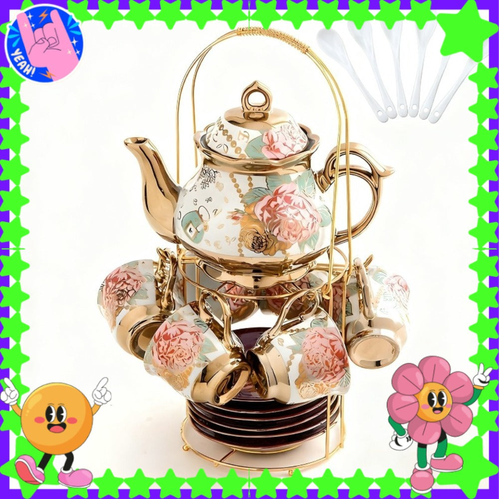 European Floral Ceramic Tea Set 20 Pcs – Italian Style Afternoon Tea Set with Metal Stand – Blooming Pattern Teapot & Cups – Elegant Gift for Tea Lovers & Special Occasions – Golden