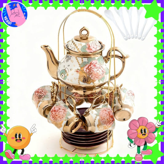 Floral Ceramic Tea Set, 20 Pieces with Metal Stand and Gold Accents
