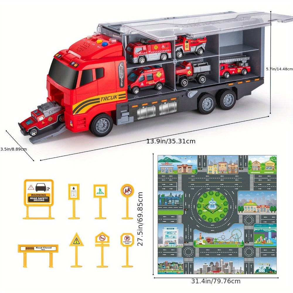 Fire Truck Toy Set with Die-Cast Metal Carrier Truck & Play Mat, Emergency Vehicle Playset
