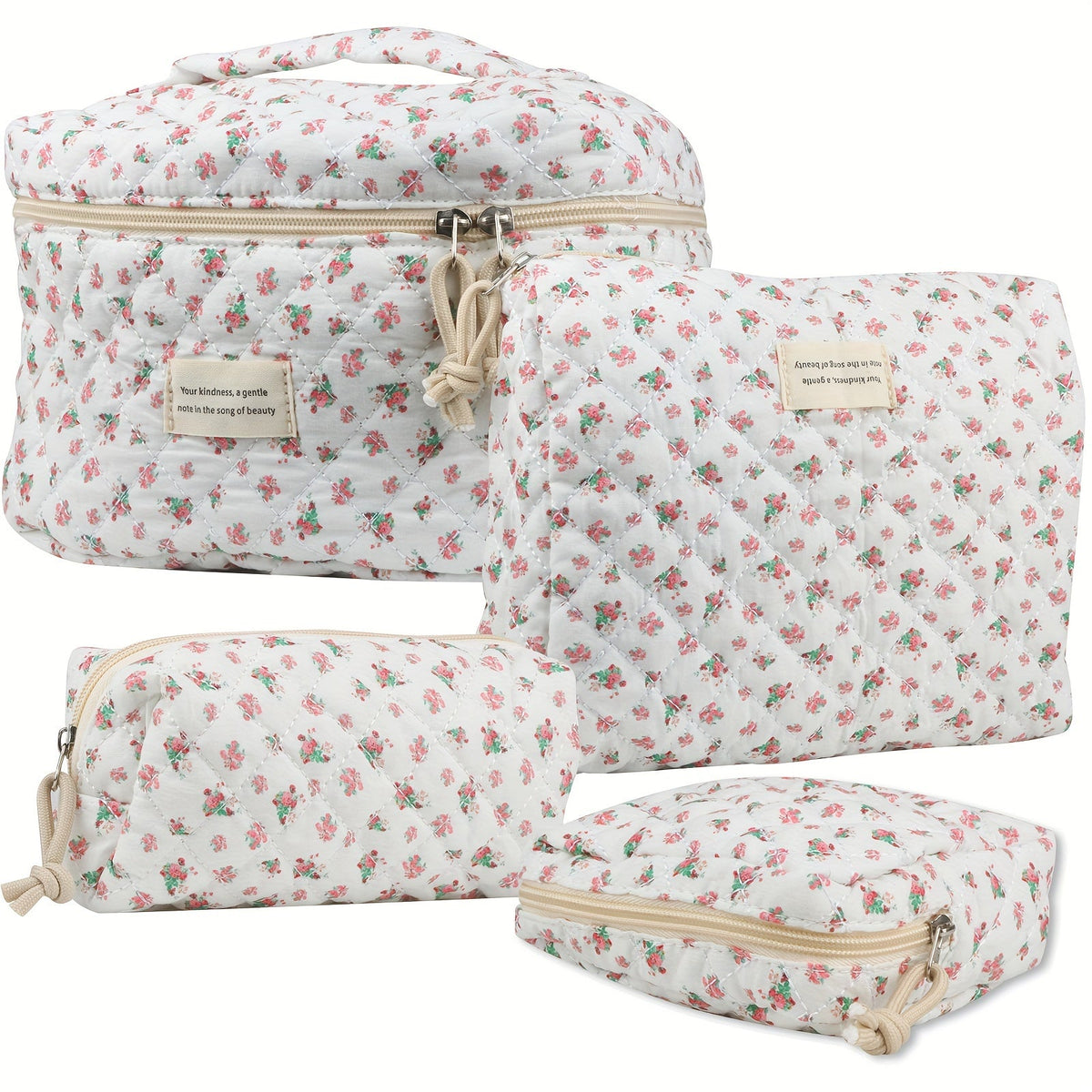 Quilted Makeup Bag Set 4-Piece Floral Rose Coquette Aesthetic Premium Cotton Cosmetic Organizer Travel Toiletry Pouch 4 Sizes for Women Girls Vanity Bathroom Gift