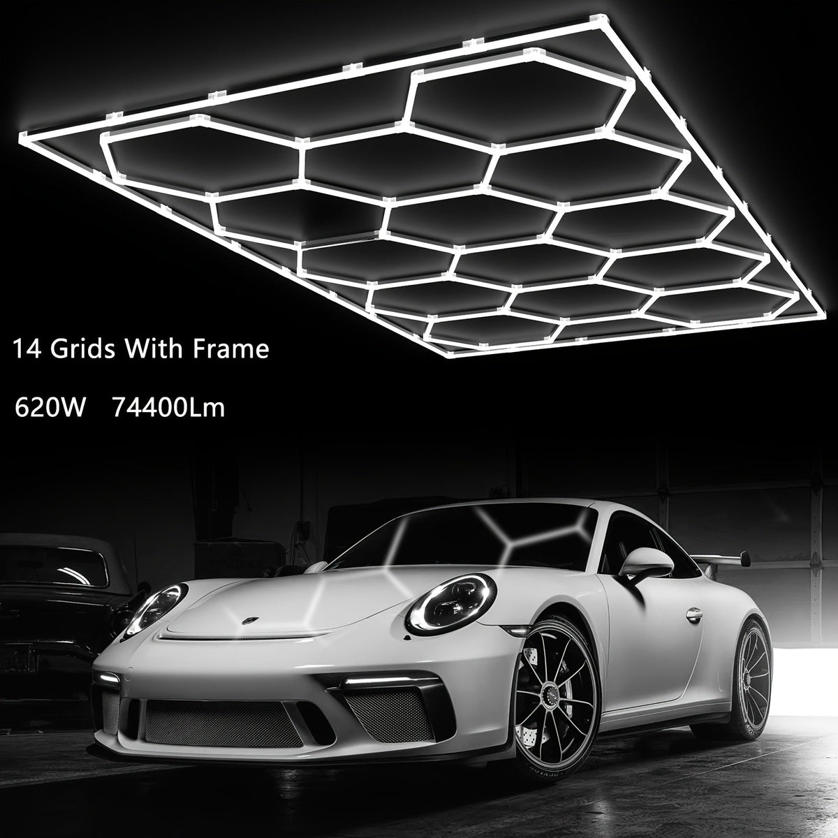 LED Hexagonal Garage Light 6500K – Super Bright Daylight White Shop Light 42W–620W for Auto Detailing, Warehouse, Workshop, Basement & Gym (1 to 32 Grids, Hex Frame Available)