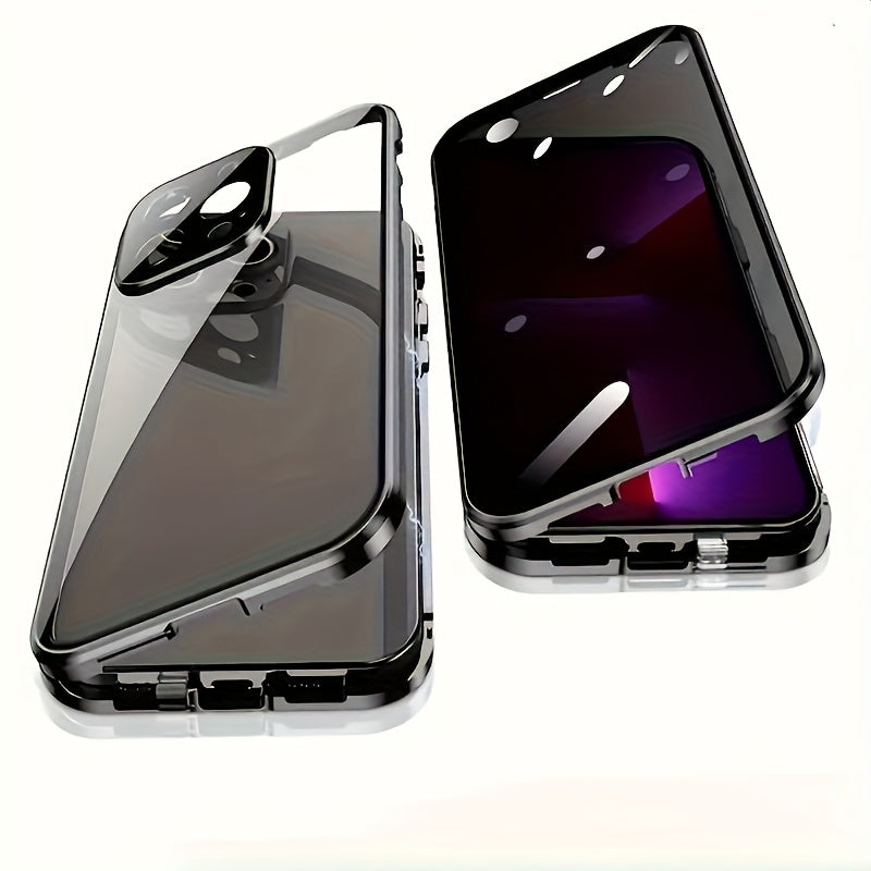 Clear Back Privacy iPhone Case with Metal Frame & Magnetic Double-Sided Tempered Glass – Anti-Peep Anti-Spy Transparent Cover for iPhone 12 13 14 15 16 Pro Max Plus, Wireless Charging Compatible