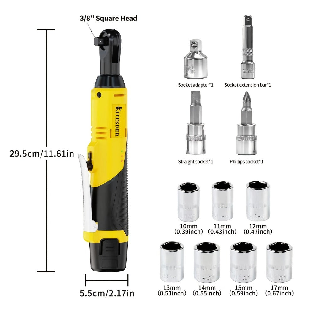 Electric Ratchet Wrench Set 12V Cordless with Lithium Battery – Fast Charge, Variable Speed Trigger, Socket Sleeves, for Automotive Repair, Screws & Nuts – Basic & Full Kit Options