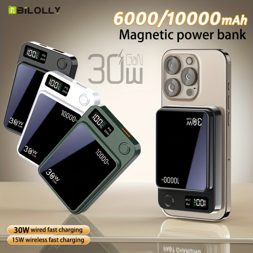 30W Fast Charging Magnetic Power Bank 6000 10000 15000mAh – 15W Wireless Output MagSafe Compatible Portable Charger Dual USB-C Battery Pack for iPhone 17 16 15 14 13 12 Android