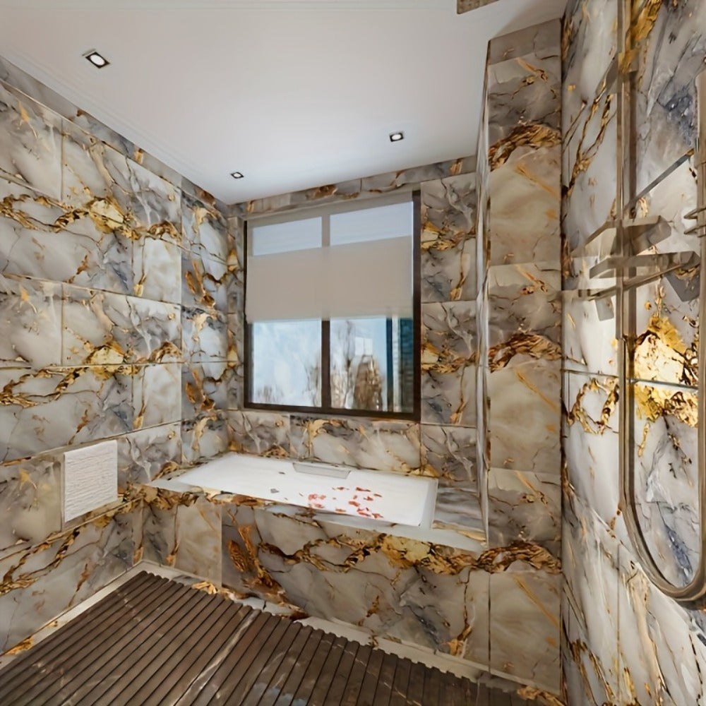 Peel and Stick Wall Tiles 50/100pcs - Waterproof PVC Marble Self-Adhesive Vinyl Panels for Bathroom Shower Kitchen Living Room TV Backdrop, Modern Wall Decor Easy Installation No Grout Required