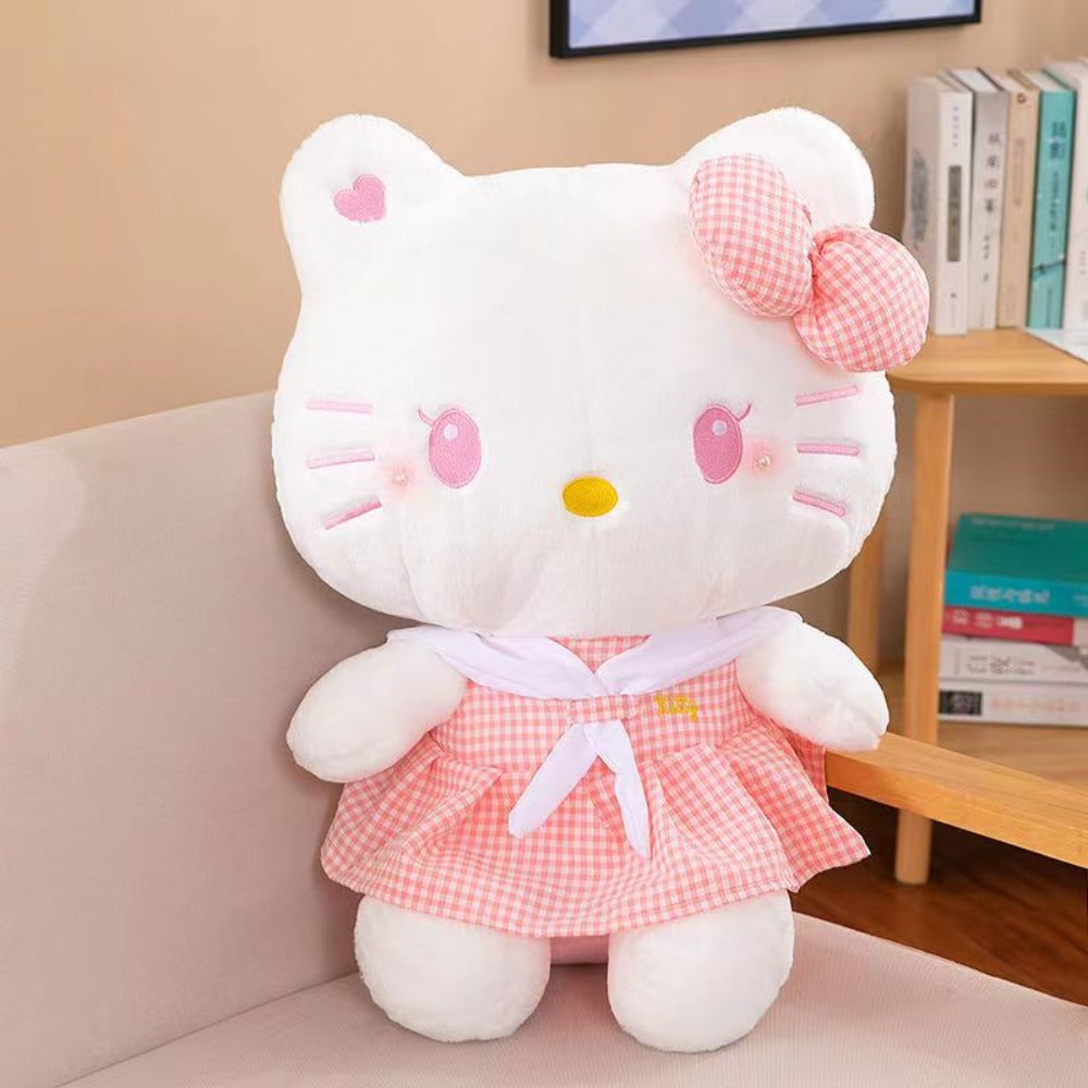 Hello Kitty Dress Up Plush 13.78 Inch — Sanrio Licensed KT Cat Stuffed Doll in Plaid Outfit, Oversized Kawaii Cuddle Pillow & Room Decor Gift for Girls Teens Pink Blue