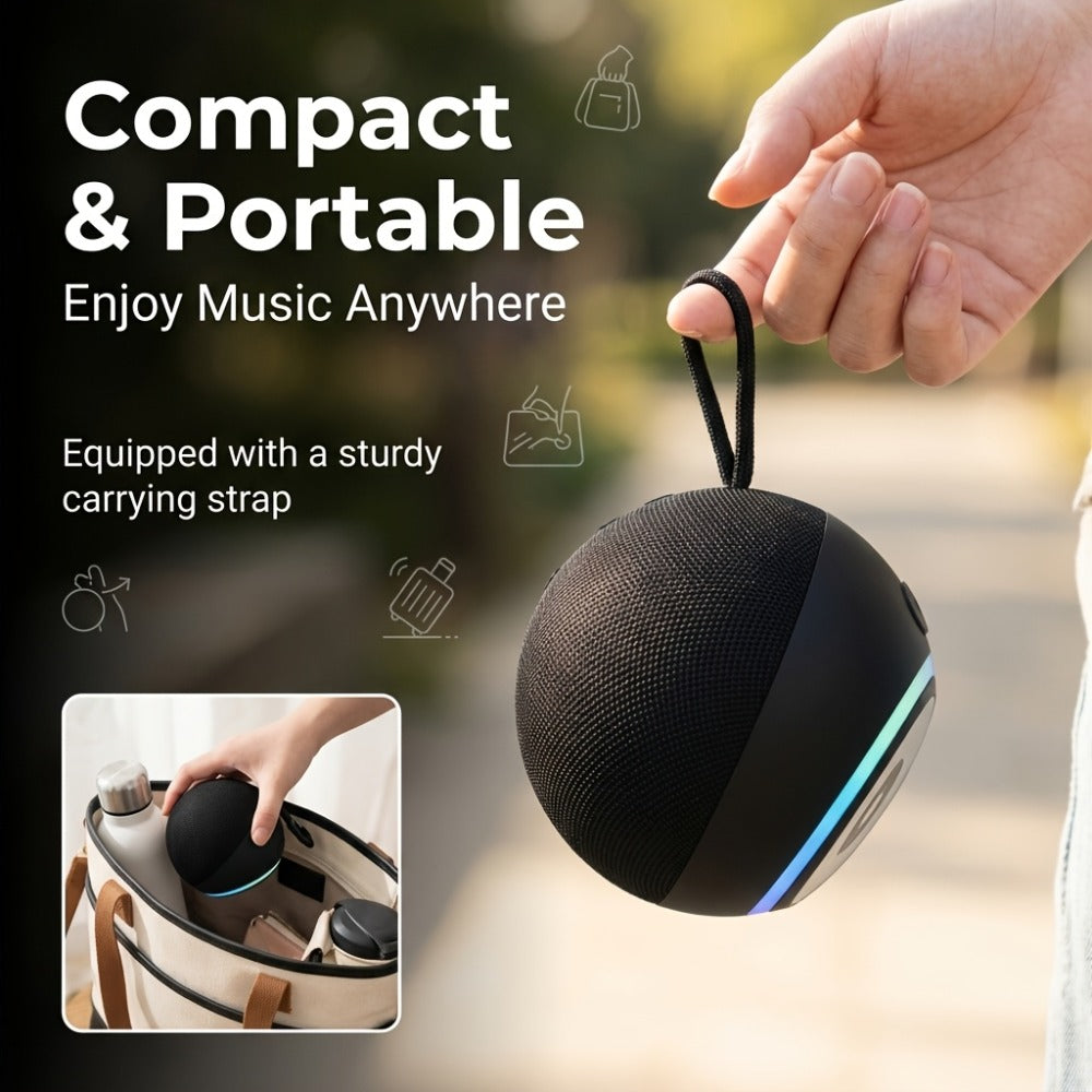 Spherical Bluetooth Speaker with RGB LED Light – Wireless Subwoofer, TWS Stereo Pairing, Portable Base, 360° Surround Sound, Globe Shape Wireless Speaker for Home, Desktop & Holiday Gifts