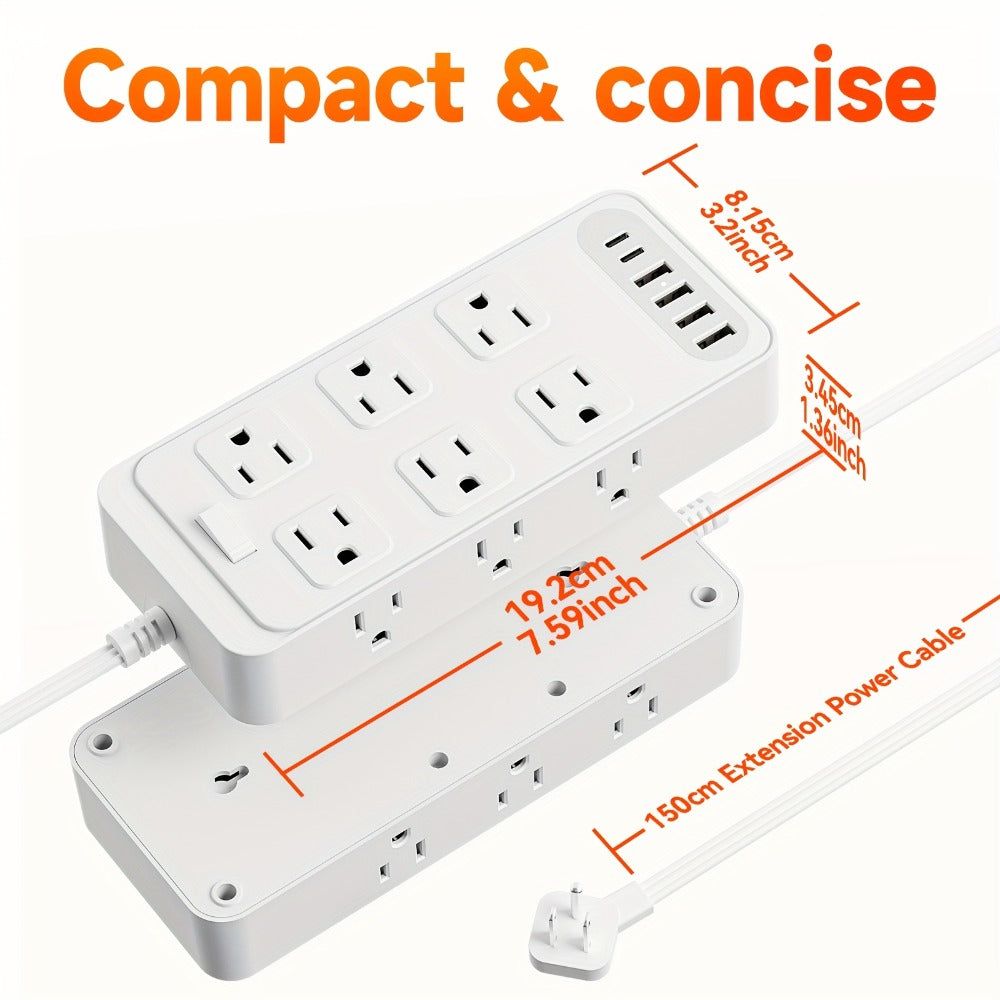 Flat Plug Power Strip 18-in-1 Fire-Resistant Surge Protector with 12 AC Outlets & 6 USB Ports (4 USB-A & 2 USB-C), 5ft Extension Cord, Charging Station for Home, Office & Travel