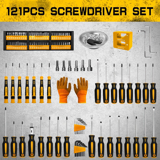 Magnetic Screwdriver Set, 121-Piece Chrome Vanadium Kit with Storage Rack