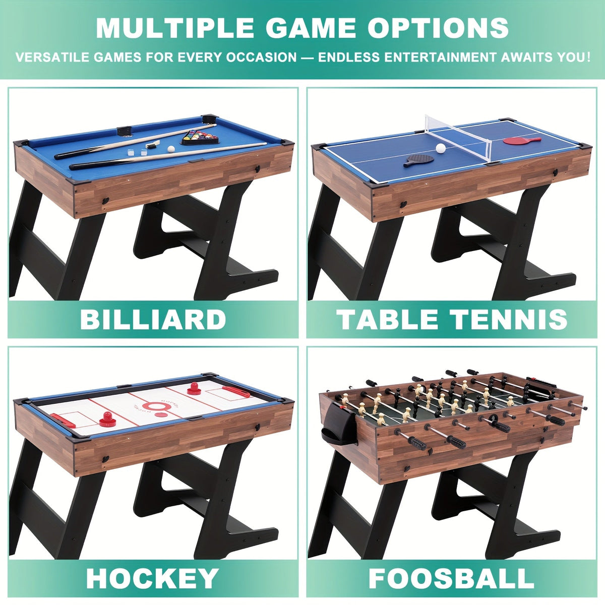 4-in-1 Multi-Game Table 54 Inch Foldable – Table Tennis, Air Hockey, Billiards & Foosball – Combo Game Table for Adults, Families & Game Rooms, Gray or Wood Grain