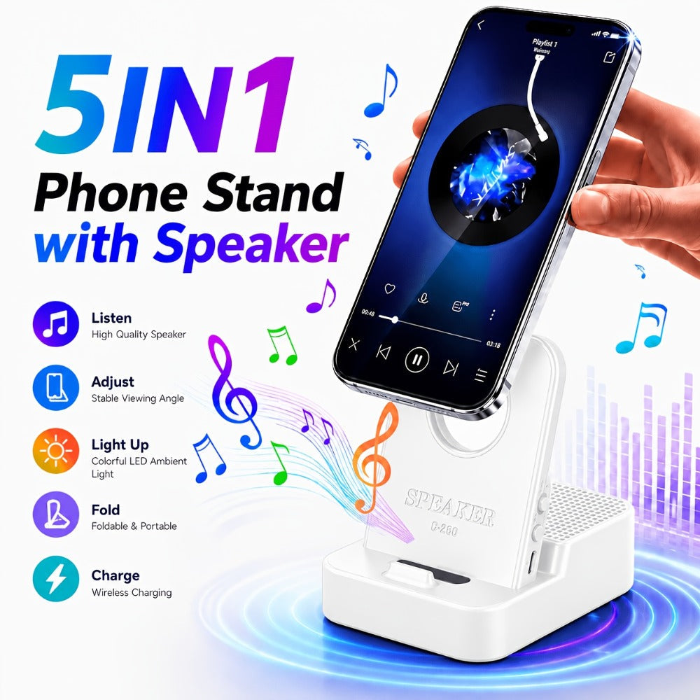 Magnetic Wireless Speaker Stand with Emergency Charging – 360° Adjustable Foldable Phone Holder, Portable Bluetooth Speaker, Compatible with iPhone & Android, for Home, Travel & Office