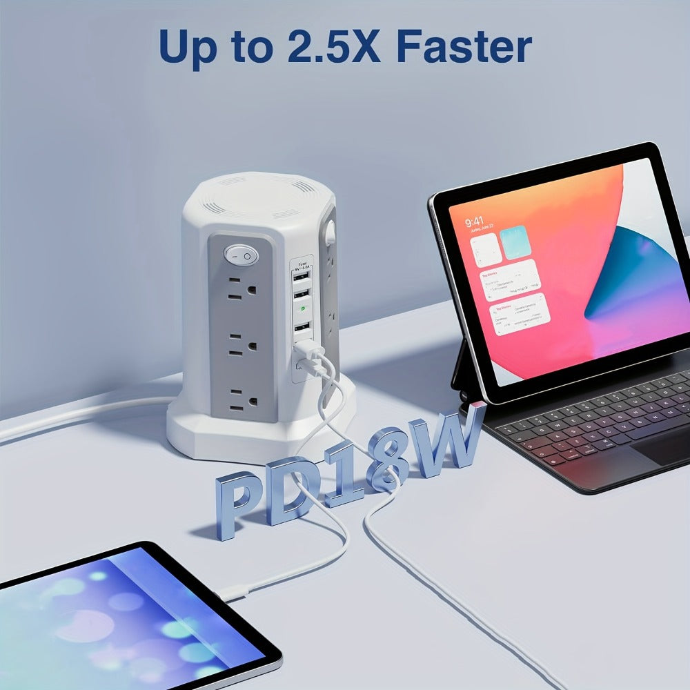Power Strip Tower Angled Flat Plug 17-in-1 with 12 AC Outlets 4 USB-A 1 USB-C PD 18W 4 Independent Switches 1500J Surge Protector Desktop Extension Cord for Home Office Dorm Room – Black & White