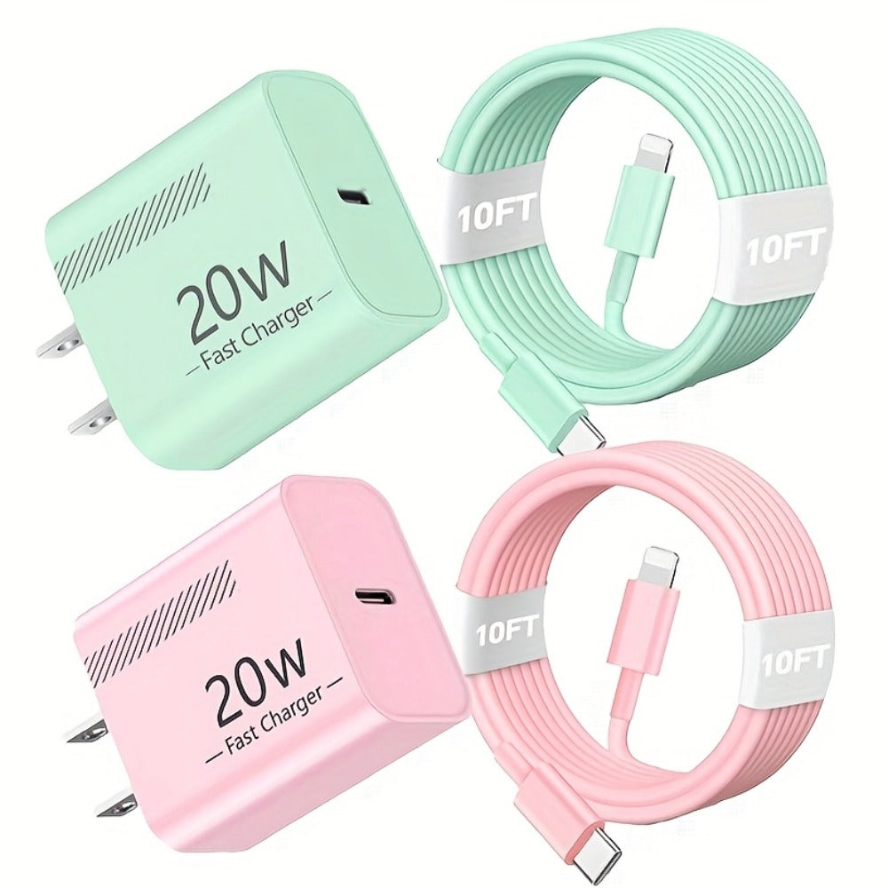 20W iPhone Fast Charger Bundle 3-Pack with 10ft L-Shaped Lightning Cable – 3 Chargers + 3 Cables Set for iPhone 14 13 12 11 Pro Max SE XR – Multi-Color USB-C Wall Charger Kit Family Value Pack