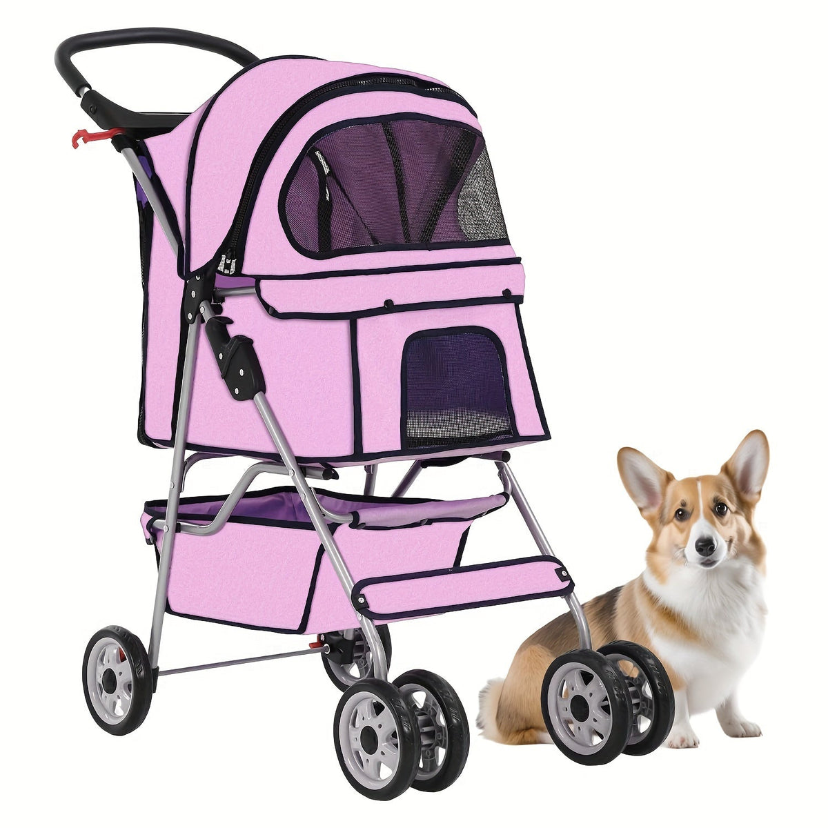 4-Wheel Pet Stroller with Cup Holder & Storage Basket | Portable Breathable Cat Dog Stroller, Smooth-Rolling Outdoor Pram for Small Medium Pets, Foldable Travel Jogger with Canopy, 5 Colors