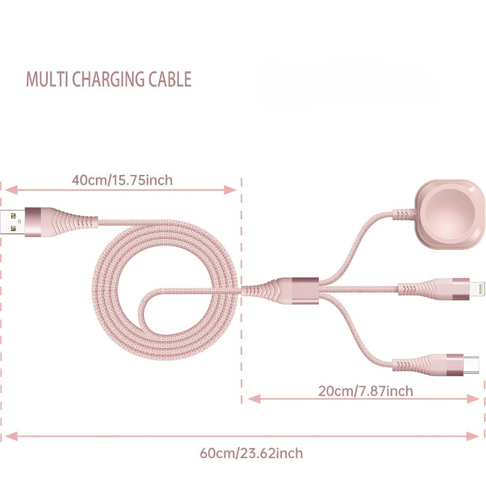 3 in 1 Travel Charging Cable 24 Inch Nylon Braided, Lightning + Type-C + iWatch Magnetic Wireless Charger, Compact Portable Multi Charging Cord for iPhone iPad Android Apple Watch – Pink Short Cable
