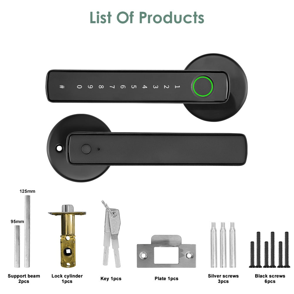 Aluminum Alloy Smart Door Handle Lock 4-in-1 with Fingerprint, Password, App & Key, Left & Right Hand Compatible, Heavy-Duty Keyless Entry Electronic Handle for Apartment Hotel Bedroom Interior Door