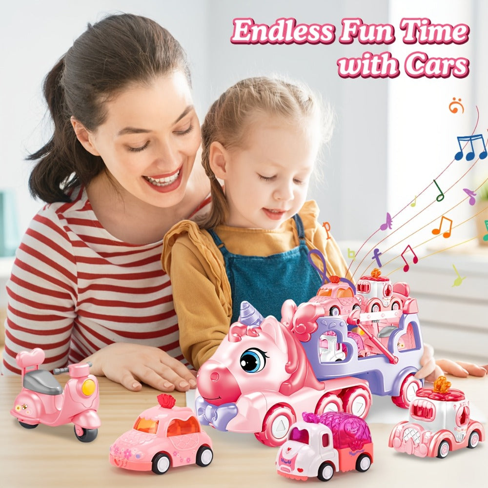 Pink Toy Car Carrier Truck with 4 Mini Cars, Music and Lights