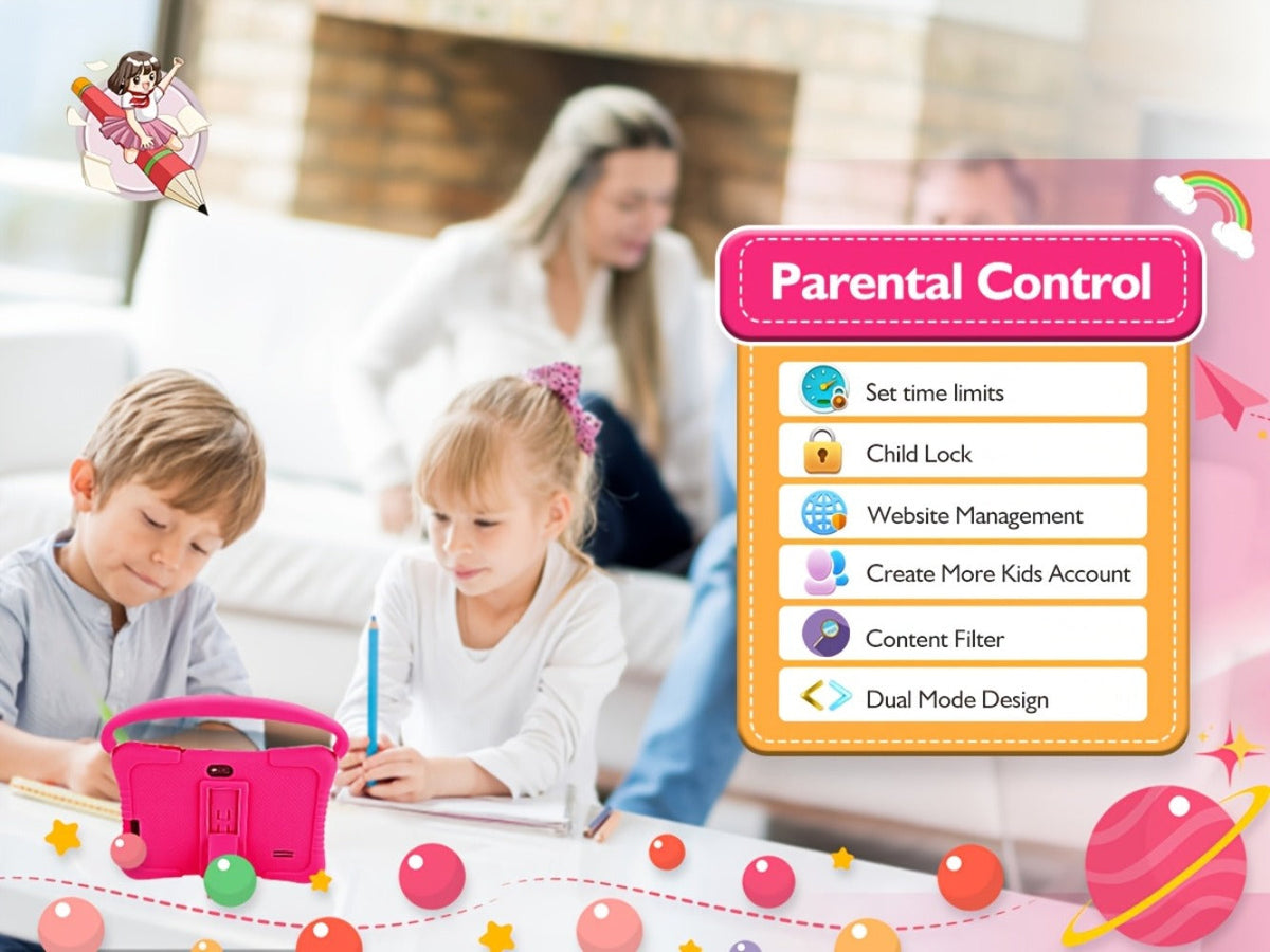 Veidoo Kids Tablet 7 Inch Eye Protection Screen 2GB RAM 32GB ROM Android WiFi Dual Camera Parental Control Educational Games Drop-Proof Silicone Cover Children Learning Tablet Pink Blue