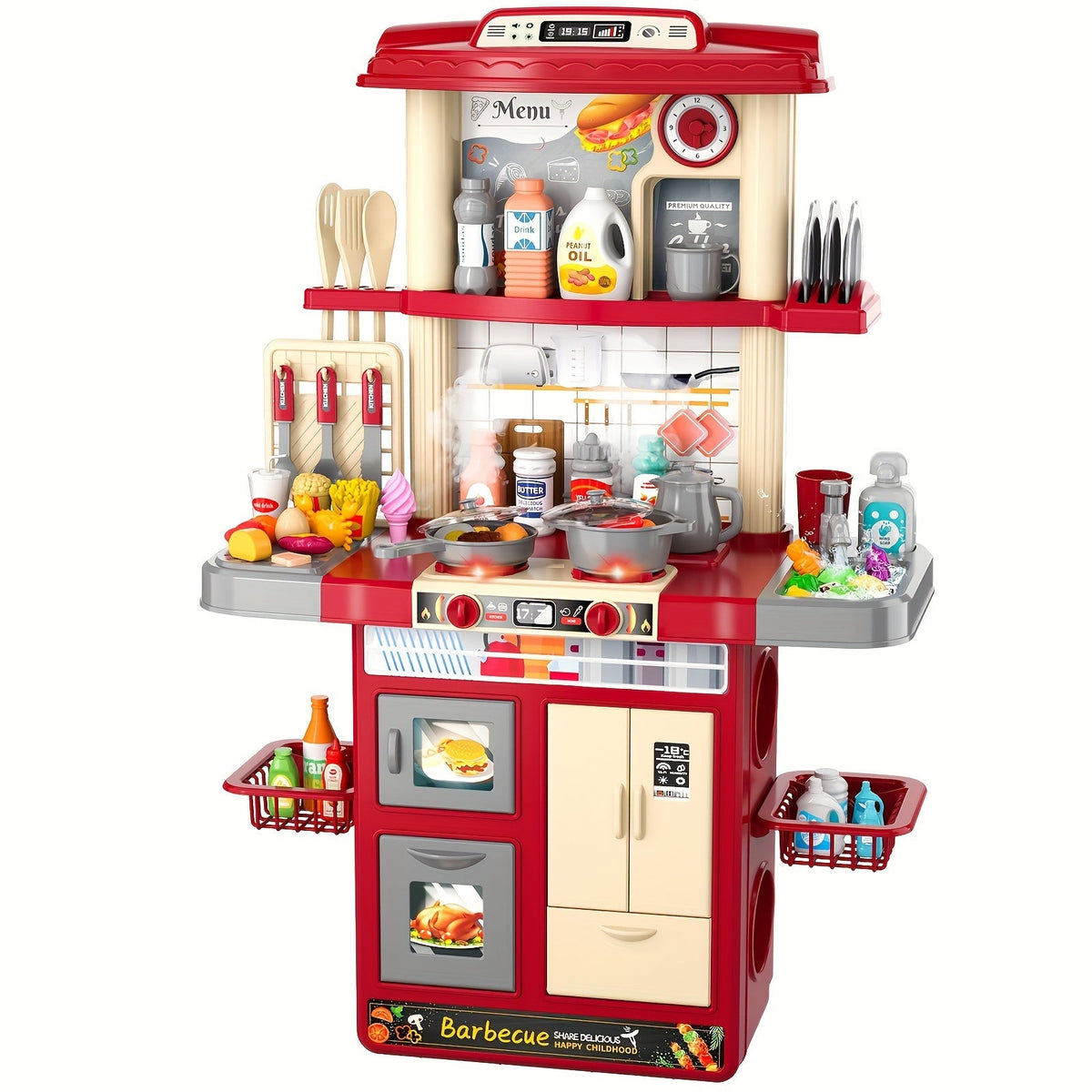 Play Kitchen Set with Lights Sounds & Spray – Toy Kitchen Playset with Oven Sink Fridge & Play Food for Kids Ages 3 4 5 6 7 8 – Imaginative Cooking Toy Holiday Gift