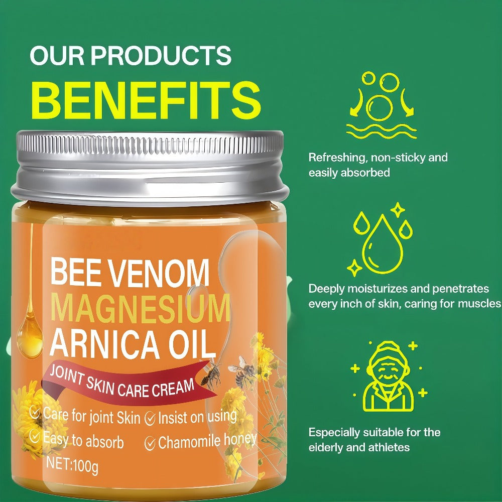 Bee Venom Magnesium Massage Cream 100g – Camellia Oil Shea Butter Glycerin Moisturizing Firming Body Cream for Back Knees Elbows Lightweight Nourishing Skin Comfort Body Care All Skin Types