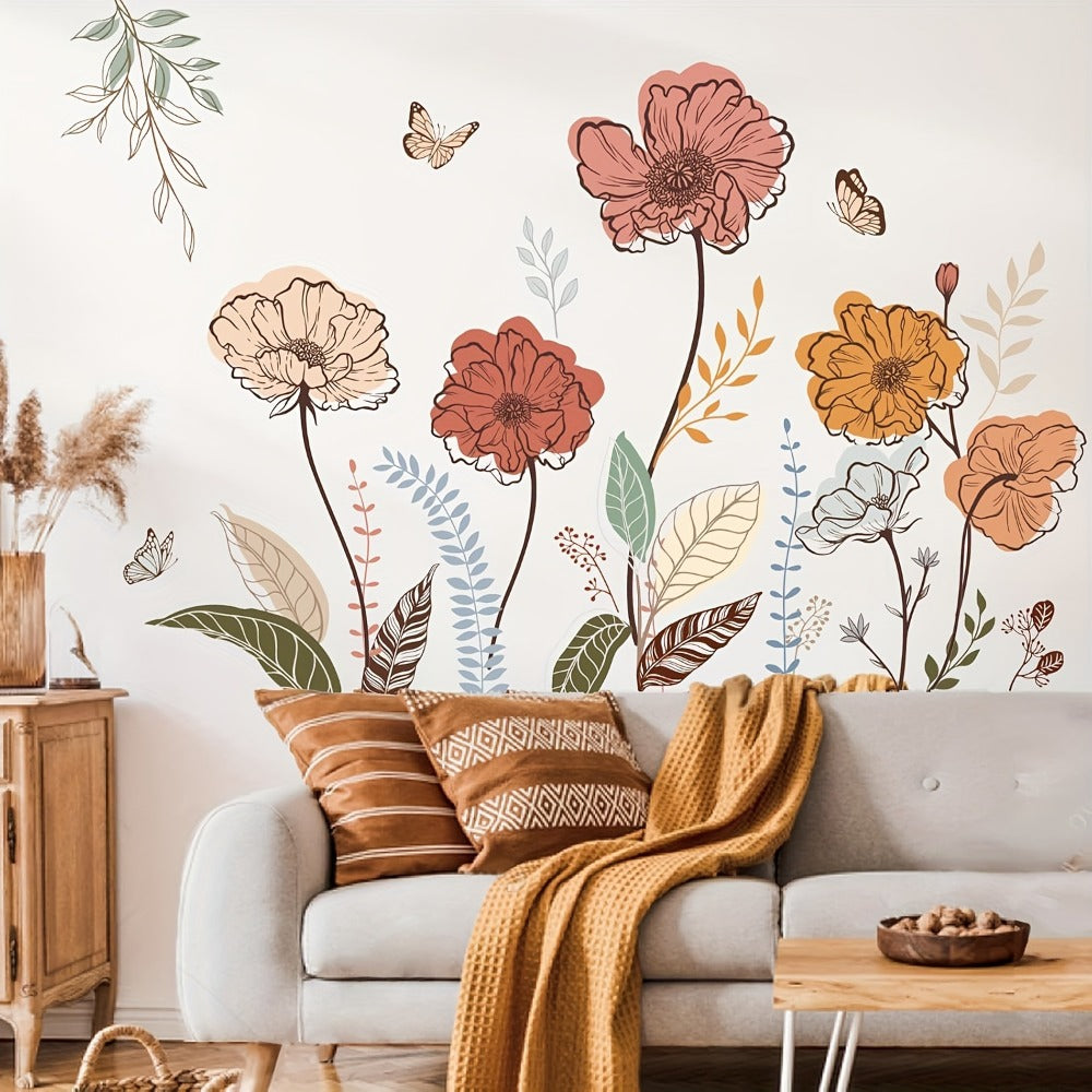 Bohemian Flower Wall Stickers Self-Adhesive Peel and Stick - Wildflowers & Fruits Wall Art Decals for Living Room Bedroom TV Background - Removable Matte Boho Floral Wall Decoration Sticker